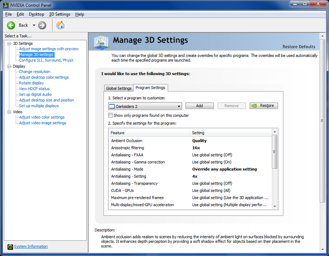 With the range of new settings available in the NVIDIA Control Panel, Darksiders 2 now looks significantly nicer (further down the profile 'NVIDIA Recommended (SLI)' is selected, as is 'High Quality' in the 'Texture filtering - Quality' dropdown). Apply the same Ambient Occlusion settings in the same manner for Counter-Strike: Global Offensive, Guild Wars 2, and MechWarrior Online.