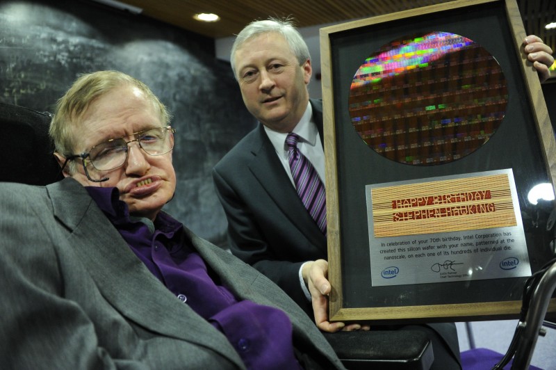 Professor Martin Curley hands over Intel's special present to Professor Stephen Hawking.
