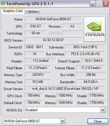 Card flashed to the EVGA 8800GT SSC specs. 700 / 1750 / 1000.