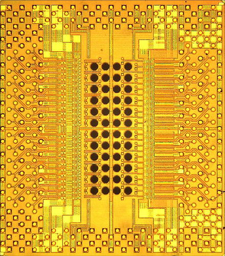 Photomicrograph of IBM Holey Optochip. Original chip dimensions are 5.2 mm x 5 .8 mm.