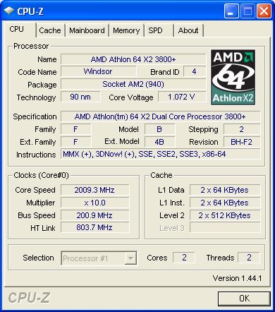 CPU-Z at stock speeds with 1.2Vcore in BIOS.