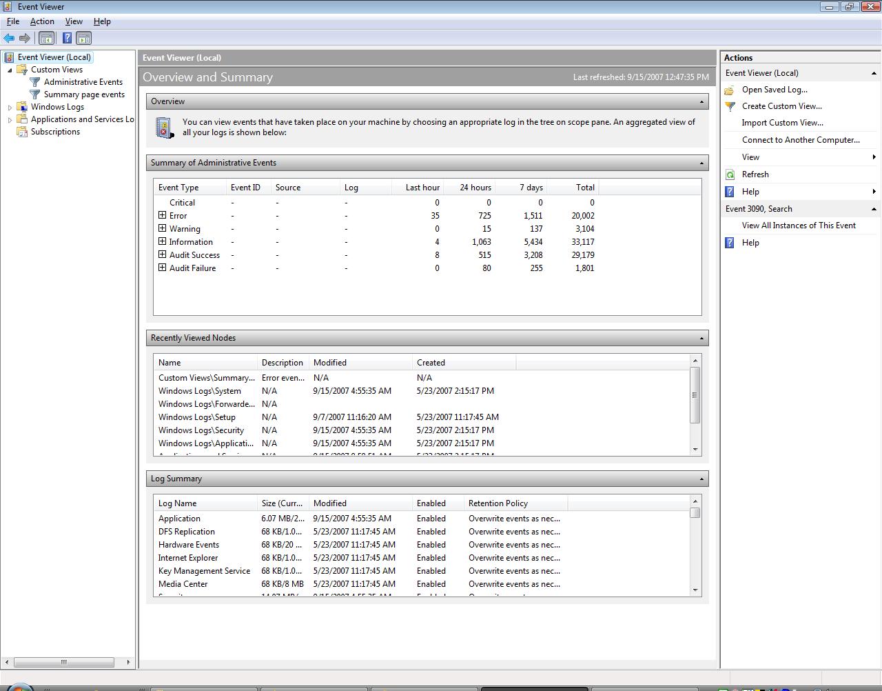 Main Event Viewer Screen