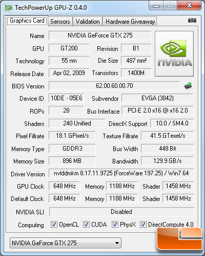 GPU-Z v0.4.0 on a GeForce GTX 275 Graphics Card