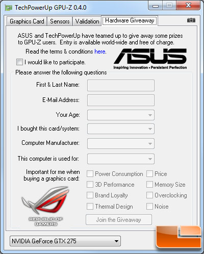 The New Hardware giveaway tab GPU-Z v0.4.0