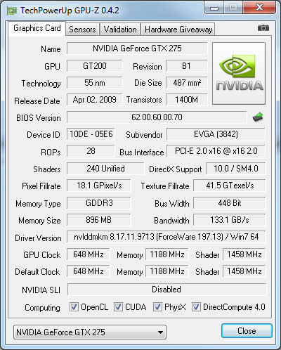 GPU-Z v0.4.2 on a GeForce GTX 275 Graphics Card