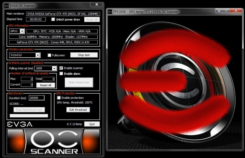oc_scanner.JPG (116.08 KiB) Viewed 8885 times Everything you need to test the overclock on your GF100. It will stress it more like a game would act, rather than try to kill the card like other modern tests.<br />EVGA OC Scanner v1.0.2 - Released 4/14/2010<br /><br /> * Now shows the higher GPU temperature on monitoring window in case of multi-GPU setup<br /><br /><br />EVGA OC Scanner v1.0.0<br /><br /> * Initial Release