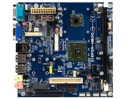 This is an image of the VIA EPIA-M830 Mini-ITX board from VIA, the ideal solution for next generation kiosk applications. Shown from a top down angle.