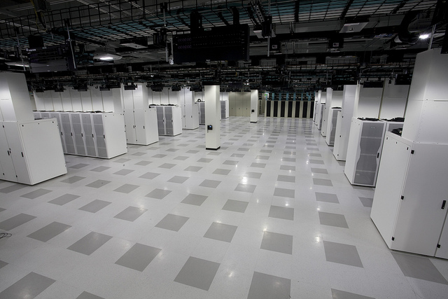 Data Center Hall in Cisco's new green data center. The data center is cooled by an energy-efficient air-side economizer design, which reduces the need for mechanical chilling by using ambient fresh air when the outside temperature is low enough.
